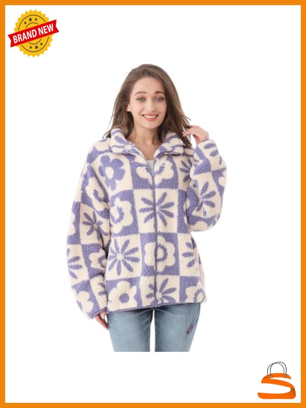 Floral Print Sherpa Fleece Cropped Zip Jacket Long Sleeve Winter Coat